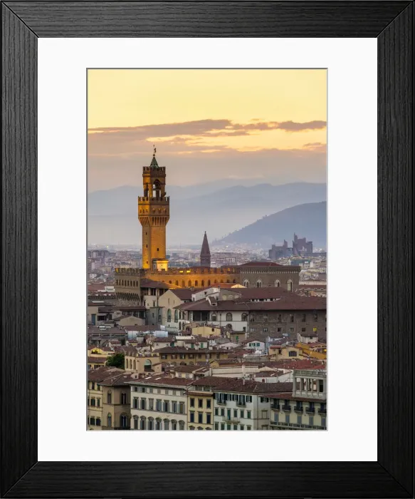 Framed Print : Palazzo Vecchio and buildings in the old town at sunset, Florence (Firenze), Tuscany