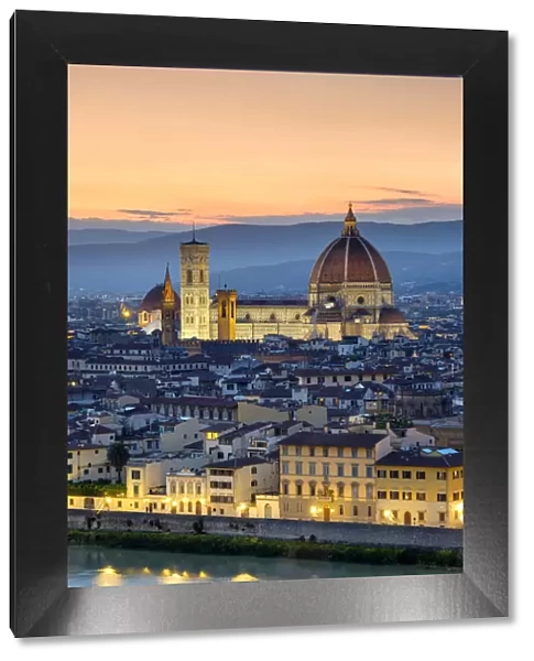Florence Cathedral (Duomo di Firenze) and buildings in the old town at dusk, Florence