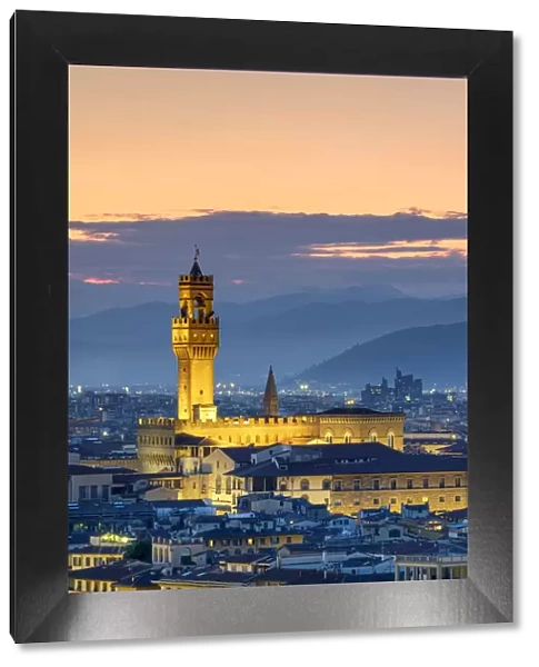 Palazzo Vecchio and buildings in the old town at dusk, Florence (Firenze), Tuscany