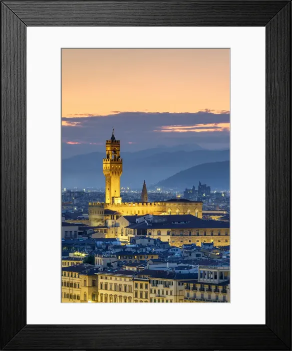 Framed Print : Palazzo Vecchio and buildings in the old town at dusk, Florence (Firenze), Tuscany Framed Print : Palazzo Vecchio and buildings in the old town at dusk, Florence (Firenze), Tuscany