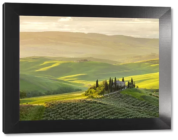 Podere Belvedere at sunrise, San Quirico d Orcia, Val d Orcia, Tuscany, Italy