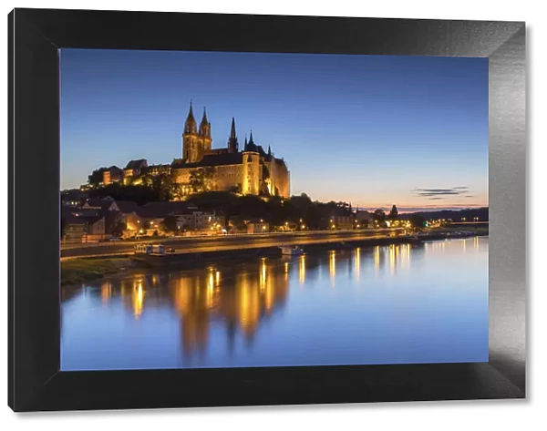 Cathedral, Albrechtsburg and River Elbe at dusk, Meissen, Saxony, Germany