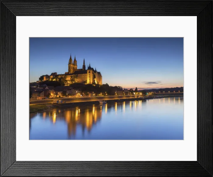 Framed Print : Cathedral, Albrechtsburg and River Elbe at dusk, Meissen, Saxony, Germany