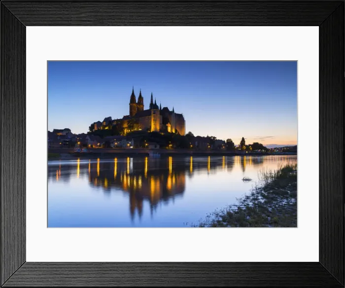 Framed Print : Cathedral, Albrechtsburg and River Elbe at dusk, Meissen, Saxony, Germany