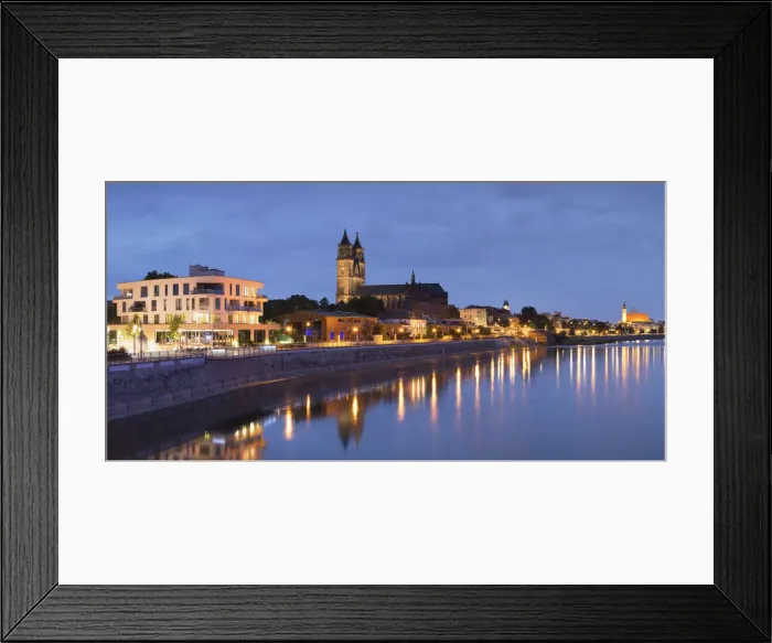 Framed Print : St Mauritius and St Katharina Cathedral and River Elbe at dusk, Magdeburg, Saxony-Anhalt
