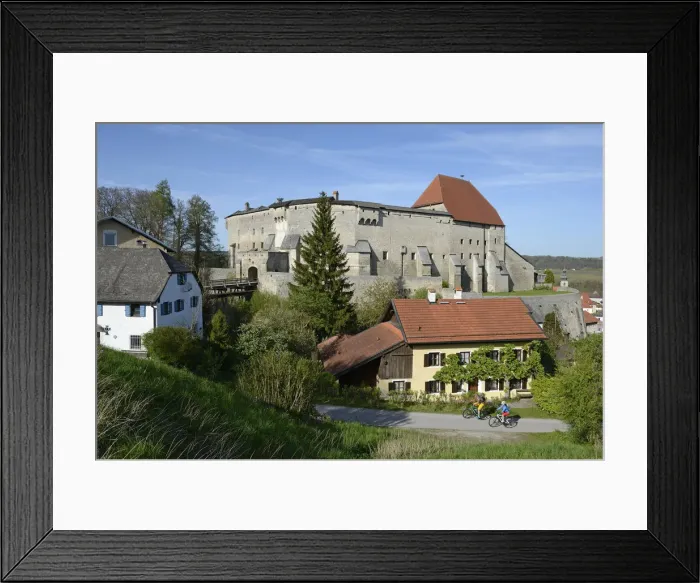 Framed Print : Electric cyclists in front of castle Tittmoning, Chiemgau, Upper Bavaria, Bavaria Framed Print : Electric cyclists in front of castle Tittmoning, Chiemgau, Upper Bavaria, Bavaria