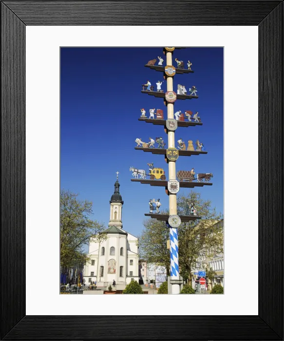 Framed Print : Maipole and church, Traunstein, Chiemgau, Bavaria, Germany Framed Print : Maipole and church, Traunstein, Chiemgau, Bavaria, Germany
