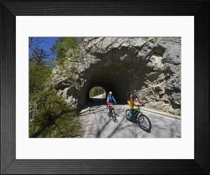 Framed Print : Electric cyclists at border crossing Klobenstein, Chiemgau, Upper Bavaria, Bavaria Framed Print : Electric cyclists at border crossing Klobenstein, Chiemgau, Upper Bavaria, Bavaria