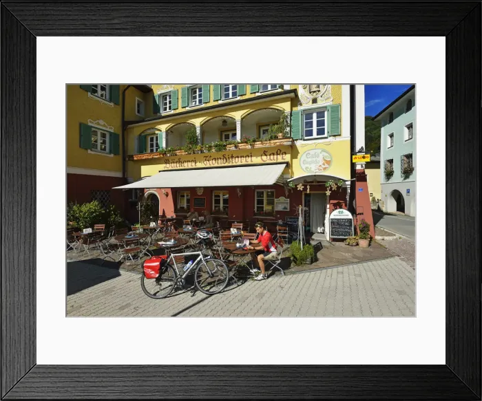 Framed Print : Cyclists paused outside the cafe Cupid Marktschellenberg, Berchtesgaden, Upper Bavaria Framed Print : Cyclists paused outside the cafe Cupid Marktschellenberg, Berchtesgaden, Upper Bavaria