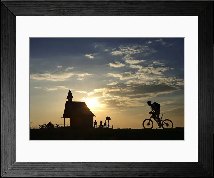 Framed Print : Mountain bikers at the chapel of stone Ling-Alm, Kampenwand, Chiemgau, Upper Bavaria Framed Print : Mountain bikers at the chapel of stone Ling-Alm, Kampenwand, Chiemgau, Upper Bavaria