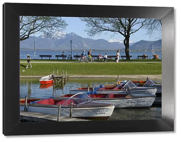 Electric boats for hire, Chiemsee, Prien, Chiemgau, Upper Bavaria, Bavaria, Germany