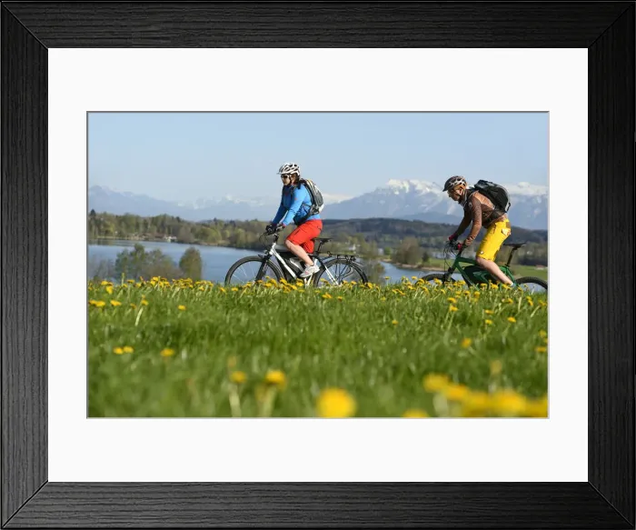 Framed Print : Electric cyclists Tachinger lake, Chiemgau, Upper Bavaria, Bavaria, Germany, Europe