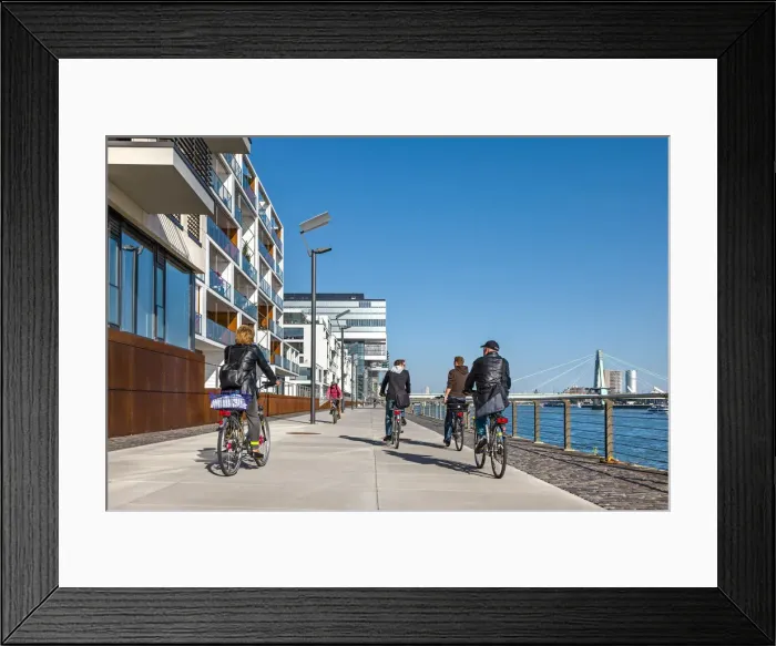 Framed Print : Cyclists on promenade, Rheinauharbour, Cologne, North Rhine Westphalia, Germany Framed Print : Cyclists on promenade, Rheinauharbour, Cologne, North Rhine Westphalia, Germany