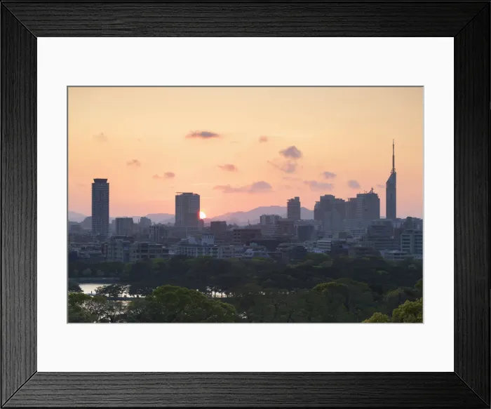 Framed Print : Coastal area skyline at sunset, Fukuoka, Kyushu, Japan