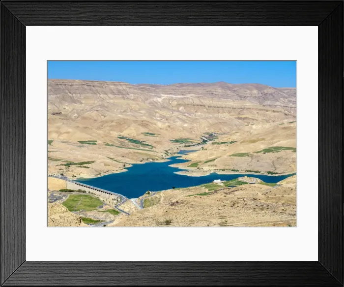 Framed Print : Jordan, Madaba Governorate, Wadi Mujib. Mujib Reservoir and dam along the King s Framed Print : Jordan, Madaba Governorate, Wadi Mujib. Mujib Reservoir and dam along the King s