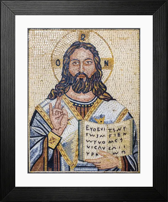Framed Print : Jordan, Madaba Governorate, Madaba. Religious mosaic, depiction of Jesus inside Framed Print : Jordan, Madaba Governorate, Madaba. Religious mosaic, depiction of Jesus inside