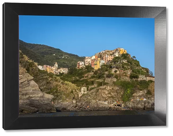 Europe, Italy, Cinque Terre. View of Corniglia from the sea