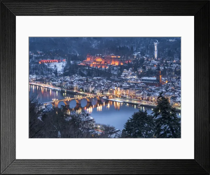 Framed Print : View of the old town of Heidelberg seen from the Philosophers Way in winter at night Framed Print : View of the old town of Heidelberg seen from the Philosophers Way in winter at night