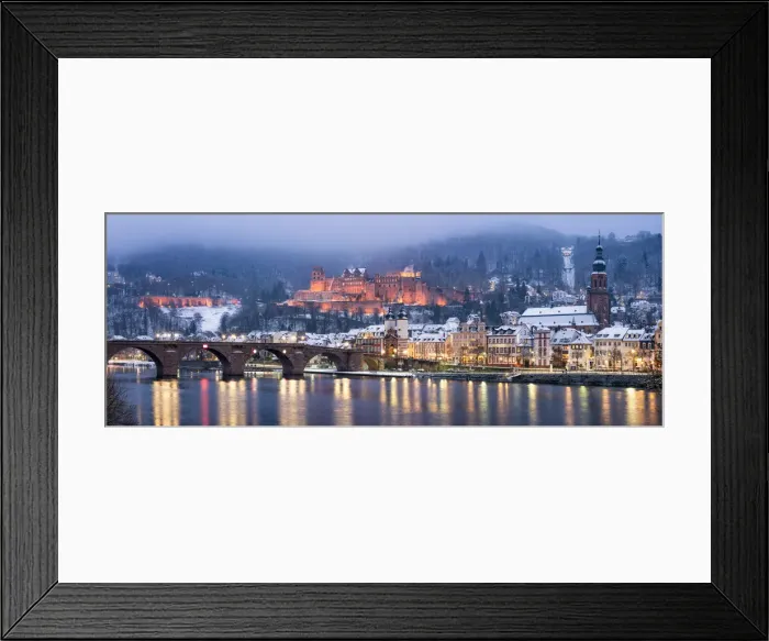 Framed Print : Alte Brucke (Old Bridge) and castle in winter along the Neckar river, Heidelberg Framed Print : Alte Brucke (Old Bridge) and castle in winter along the Neckar river, Heidelberg
