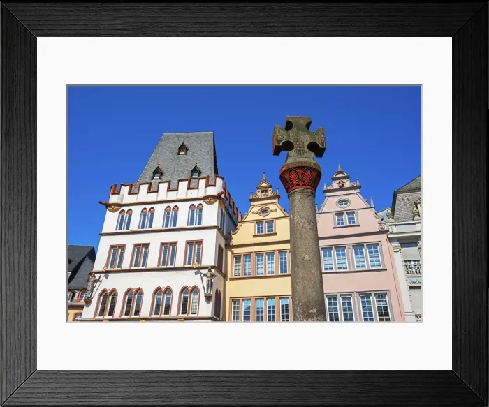 Framed Print : Market cross with Steipe at Hauptmarkt, Trier, Rhineland-Palatinate, Germany Framed Print : Market cross with Steipe at Hauptmarkt, Trier, Rhineland-Palatinate, Germany