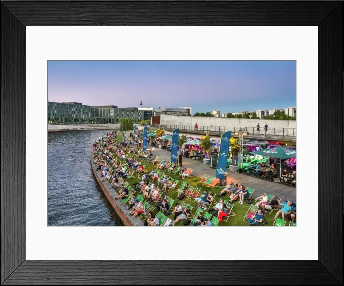Framed Print : Beach bar at River Spree, Government Quarter, Berlin, Germany Framed Print : Beach bar at River Spree, Government Quarter, Berlin, Germany