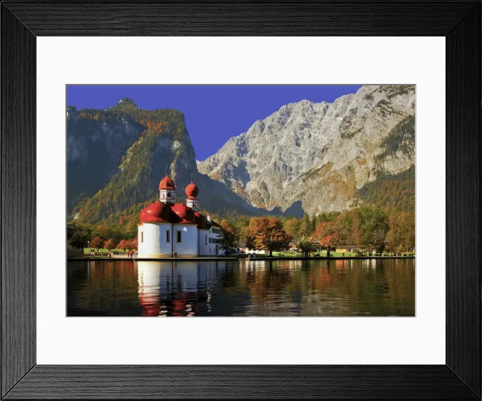 Framed Print : St. Bartholomew Chapel on Lake Konigsee & the Watzmann Mountain Range, Berchtesgaden Framed Print : St. Bartholomew Chapel on Lake Konigsee & the Watzmann Mountain Range, Berchtesgaden