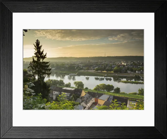 Framed Print : View of River Moselle and skyline at dawn, Trier, Rhineland-Palatinate, Germany Framed Print : View of River Moselle and skyline at dawn, Trier, Rhineland-Palatinate, Germany