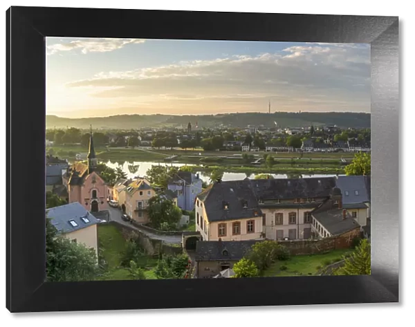 View of River Mosel and skyline at dawn, Trier, Rhineland-Palatinate, Germany