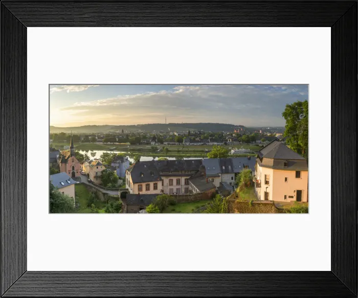 Framed Print : View of River Mosel and skyline at dawn, Trier, Rhineland-Palatinate, Germany Framed Print : View of River Mosel and skyline at dawn, Trier, Rhineland-Palatinate, Germany