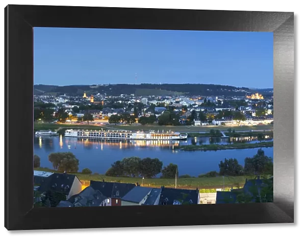 View of River Moselle and Trier at dusk, Rhineland-Palatinate, Germany