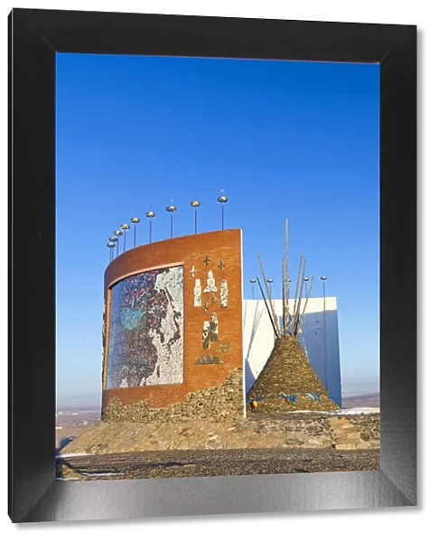 Mongolia, Ovorkhangai, Kharkhorin. Genghis Khan Monument overlooking the town of