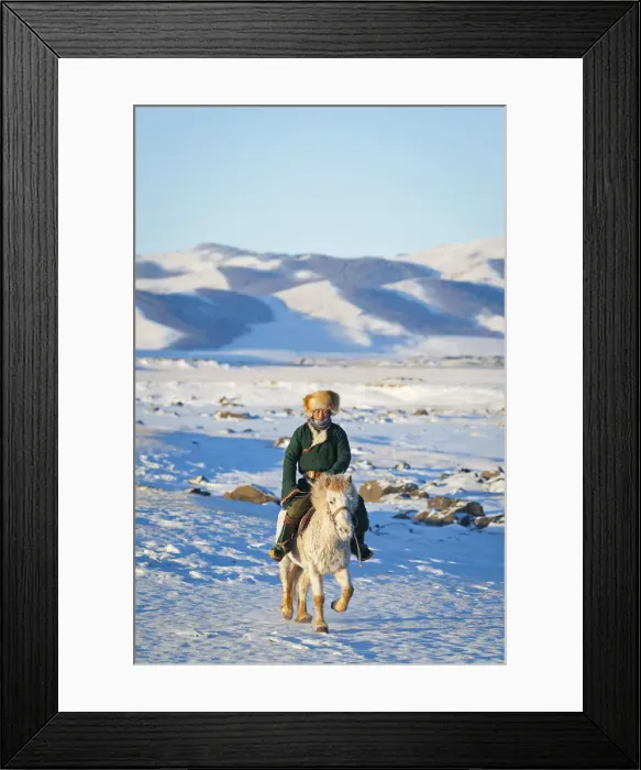 Framed Print : Mongolia, Ovorkhangai, Orkkhon Valley. A man approaches on horseback at sunrise