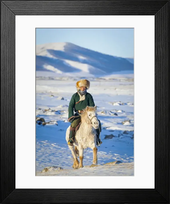 Framed Print : Mongolia, Ovorkhangai, Orkkhon Valley. A man approaches on horseback at sunrise Framed Print : Mongolia, Ovorkhangai, Orkkhon Valley. A man approaches on horseback at sunrise