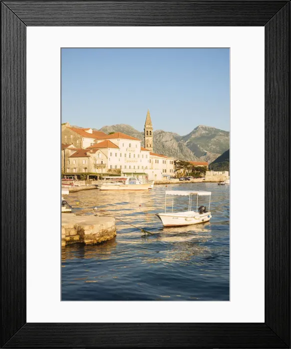 Framed Print : Boats moored at Perast, Bay of Kotor, Montenegro