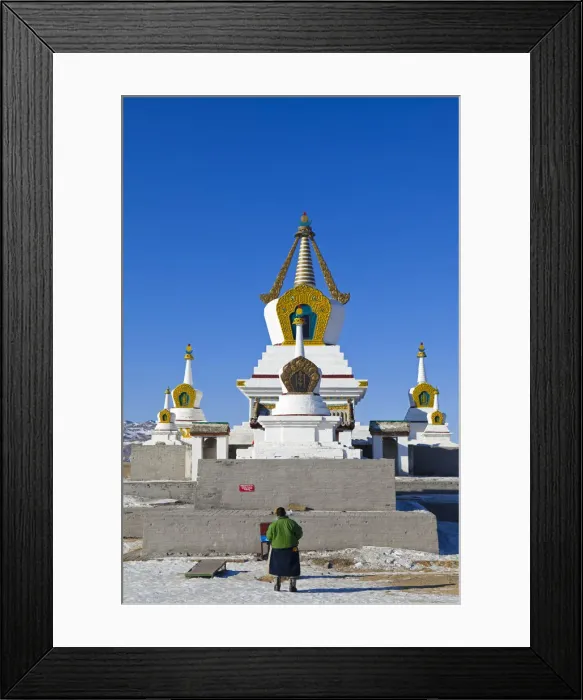 Framed Print : Mongolia, Ovorkhangai, Kharkhorin. Erdene Zuu Monastery. A man prays at a stupa Framed Print : Mongolia, Ovorkhangai, Kharkhorin. Erdene Zuu Monastery. A man prays at a stupa