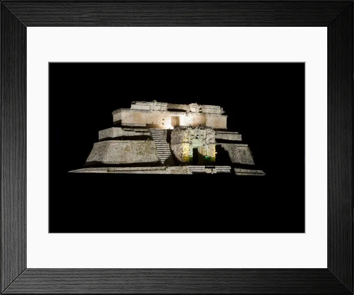 Framed Print : Uxmal, Mexico. Details in the Mayan ruins at Uxmal Mexico at night