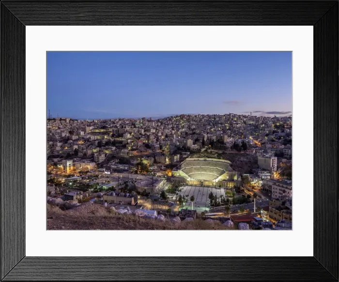 Framed Print : Roman Theater and The Hashemite Plaza at dusk, elevated view, Amman, Amman Governorate