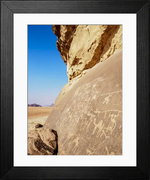 Framed Print : Petroglyphs at Wadi Rum, Aqaba Governorate, Jordan