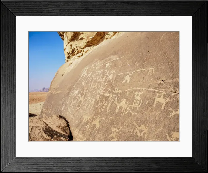 Framed Print : Petroglyphs at Wadi Rum, Aqaba Governorate, Jordan