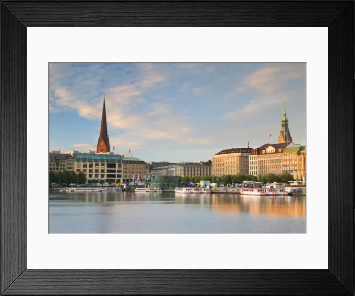 Framed Print : Skyline of Binnenalster Lake at dawn, Hamburg, Germany Framed Print : Skyline of Binnenalster Lake at dawn, Hamburg, Germany