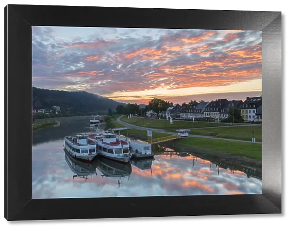 Boats on River Moselle at dawn, Trier, Rhineland-Palatinate, Germany