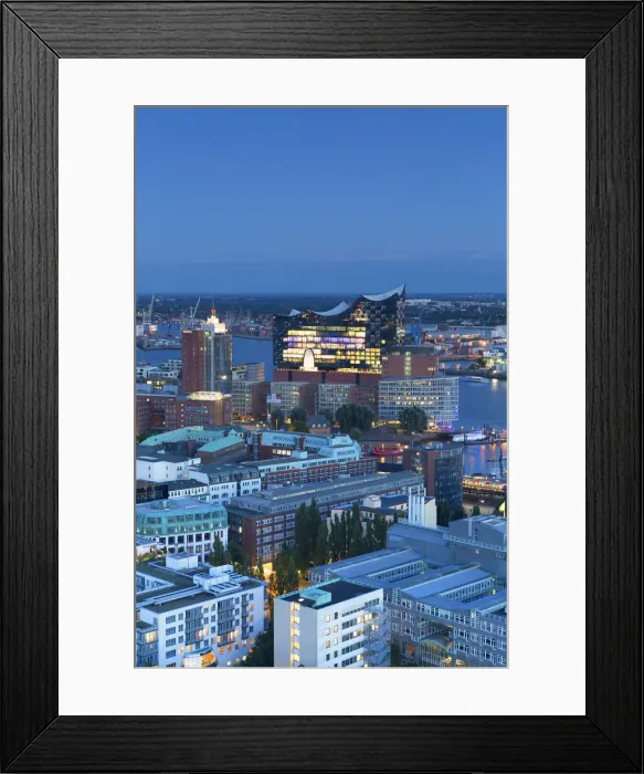 Framed Print : View of Elbphilharmonie concert hall and harbour at dusk, Hamburg, Germany Framed Print : View of Elbphilharmonie concert hall and harbour at dusk, Hamburg, Germany