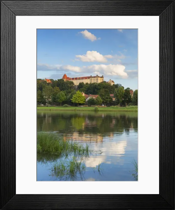Framed Print : View of River Elbe and Sonnenstein Castle, Pirna, Saxony, Germany Framed Print : View of River Elbe and Sonnenstein Castle, Pirna, Saxony, Germany