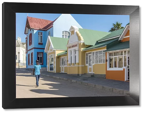Africa, Namibia, LAoderitz. Colorful renovated German colonial houses