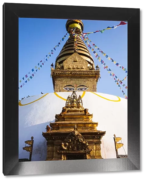 Swayambhunath temple (also known as Monkey temple) at sunrise. Kathmandu, Nepal