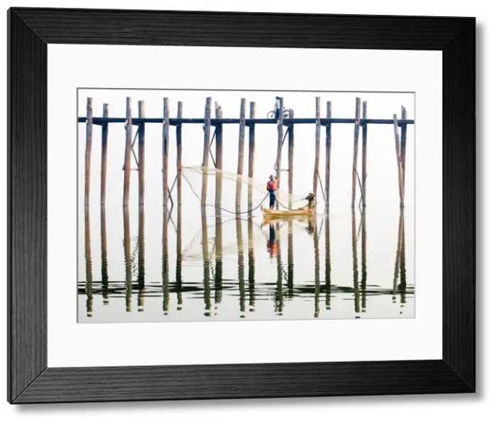 Framed Print : Fishermen next to the U Bein Bridge, a 1 Framed Print : Fishermen next to the U Bein Bridge, a 1