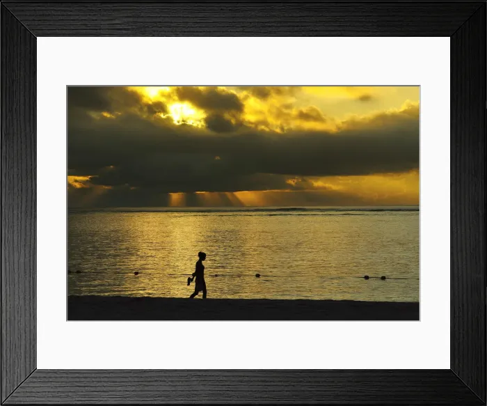 Framed Print : Woman walks along Le Morne beach, Mauritius, Indian Ocean, MR Framed Print : Woman walks along Le Morne beach, Mauritius, Indian Ocean, MR