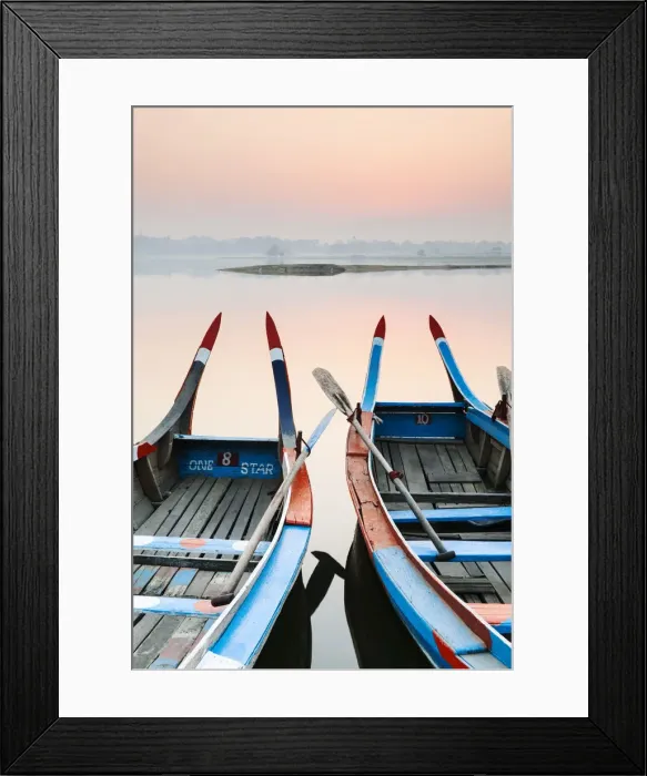 Framed Print : Traditional Burmese boats at sunrise on Taungthaman Lake, Amarapura, Mandalay, Burma Framed Print : Traditional Burmese boats at sunrise on Taungthaman Lake, Amarapura, Mandalay, Burma