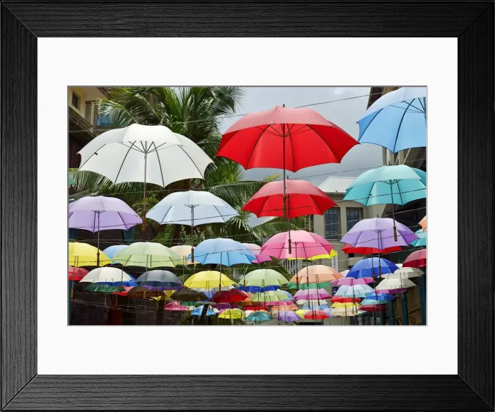 Framed Print : Umbrellas for part of a street decoration, Mauritius, Indian Ocean Framed Print : Umbrellas for part of a street decoration, Mauritius, Indian Ocean