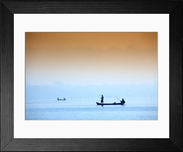 Framed Print : Asia, Southeast Asia, Myanmar, Mandalay; Amarapura, fishermen on the Taungthaman Lake